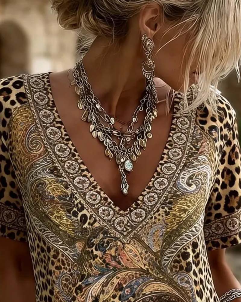 V-Neck Leopard Print Short Sleeve Relaxed Blouse