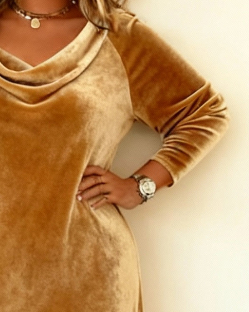 Plus-Size Draped Collar Long-Sleeve Dress