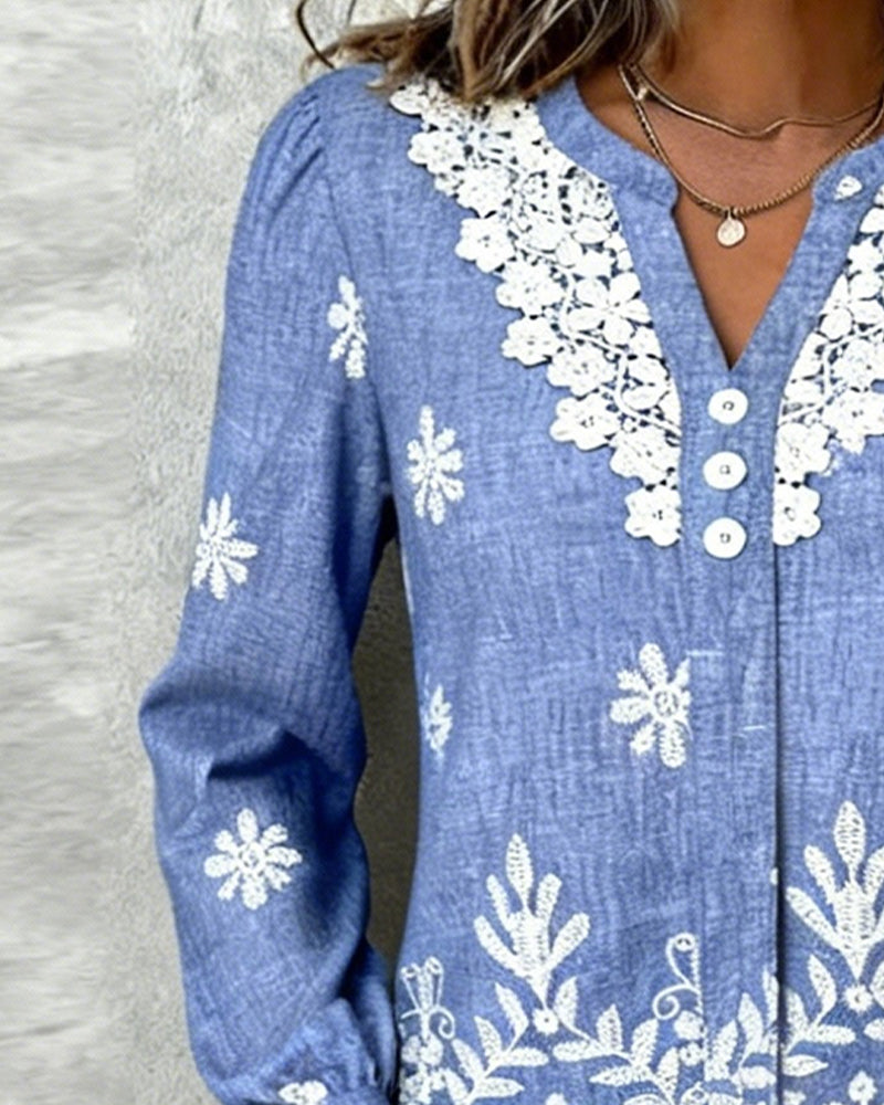 Puff Sleeve Embroidered Lace Trim Shirt