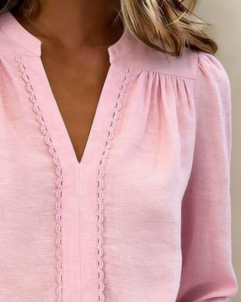 Solid Color V-Neck Patchwork Top