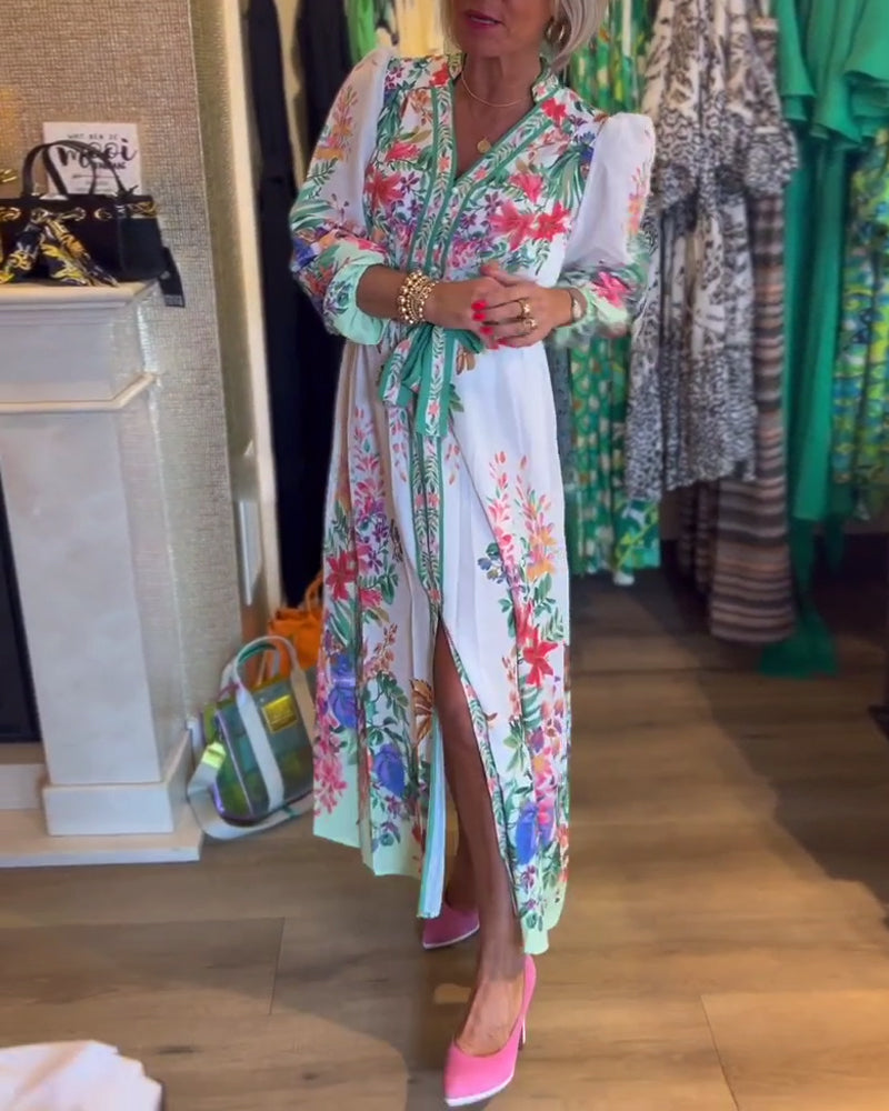 Floral print puff sleeve V-neck dress