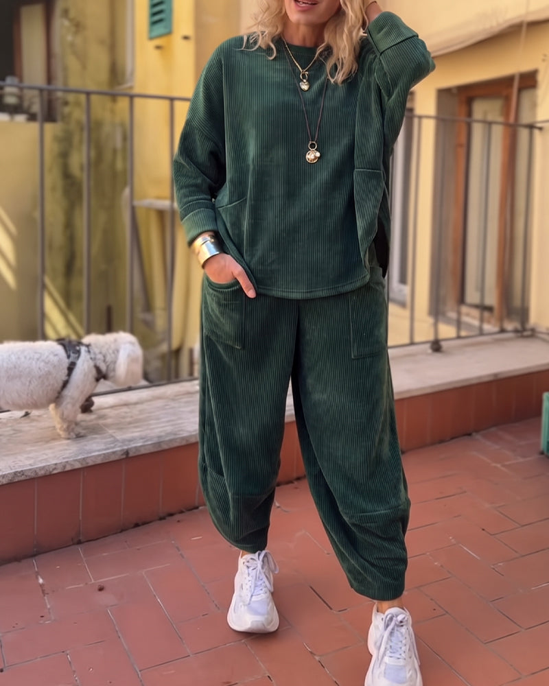 Solid Color Casual Round Neck Set