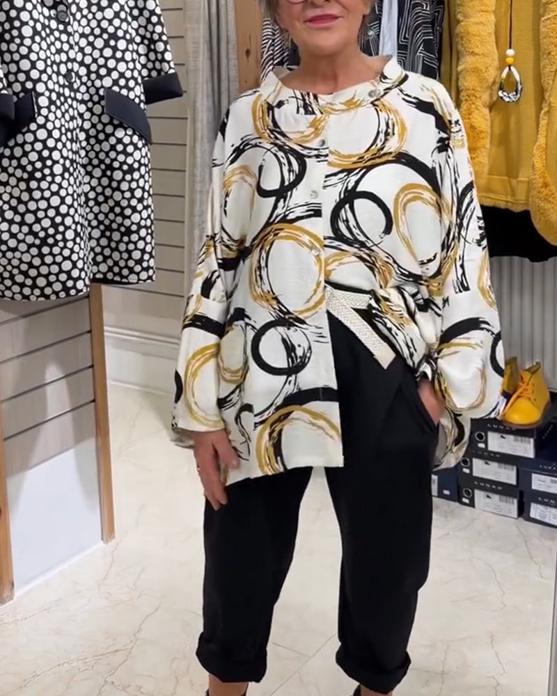 Stand Collar Button Novelty Print Shirt