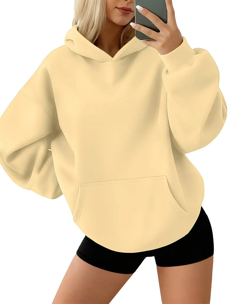 Hooded Pocket Solid Loose Hoodie