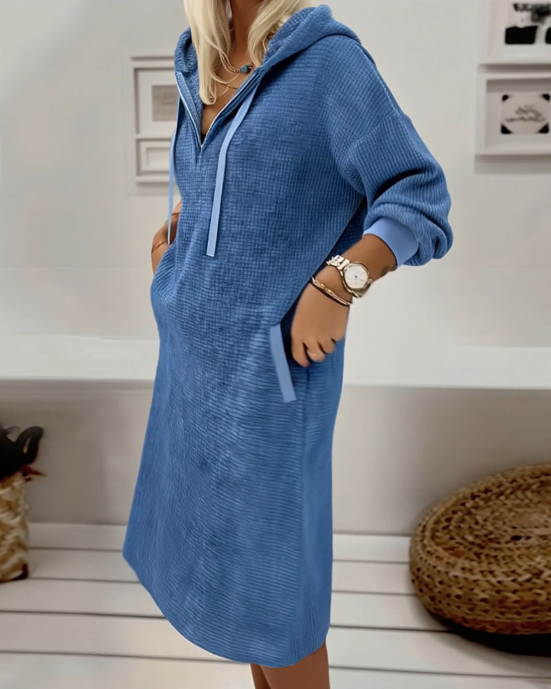 Fleece Waffle-Knit Casual Sweatshirt Dress