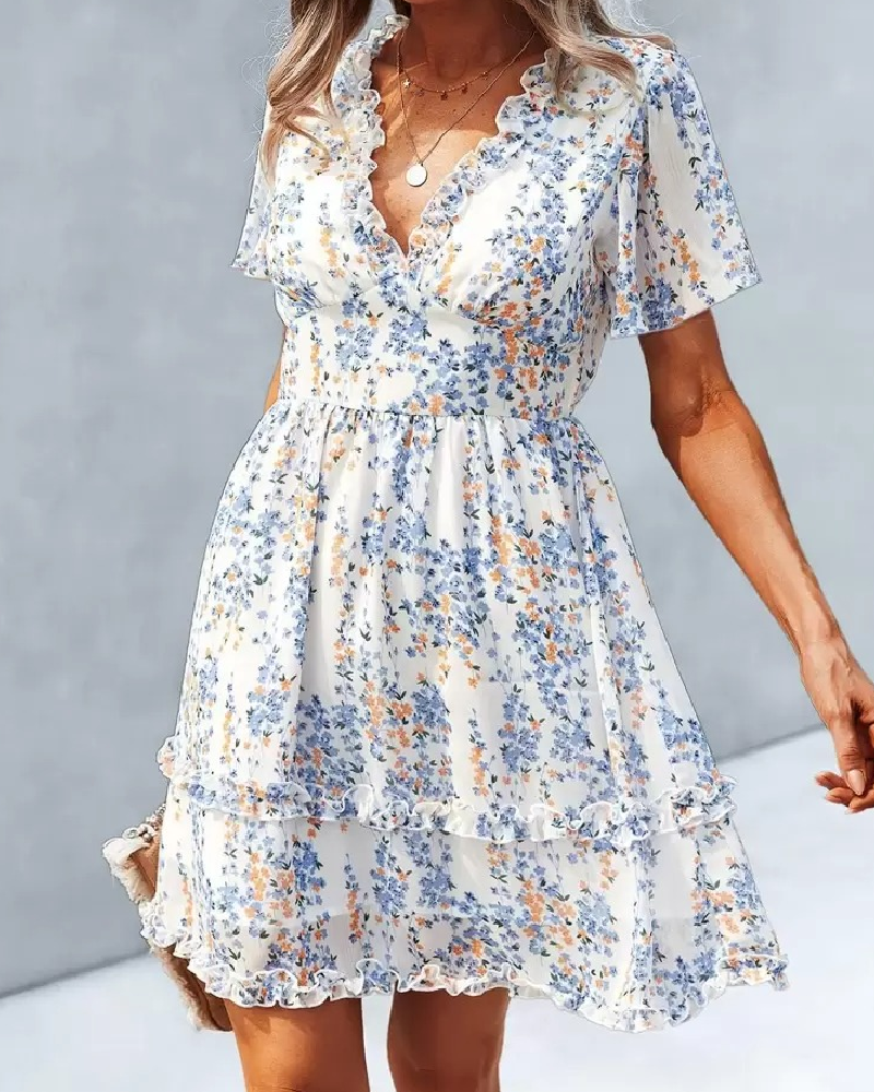 Tiny Floral V-Neck Ruffled Dress