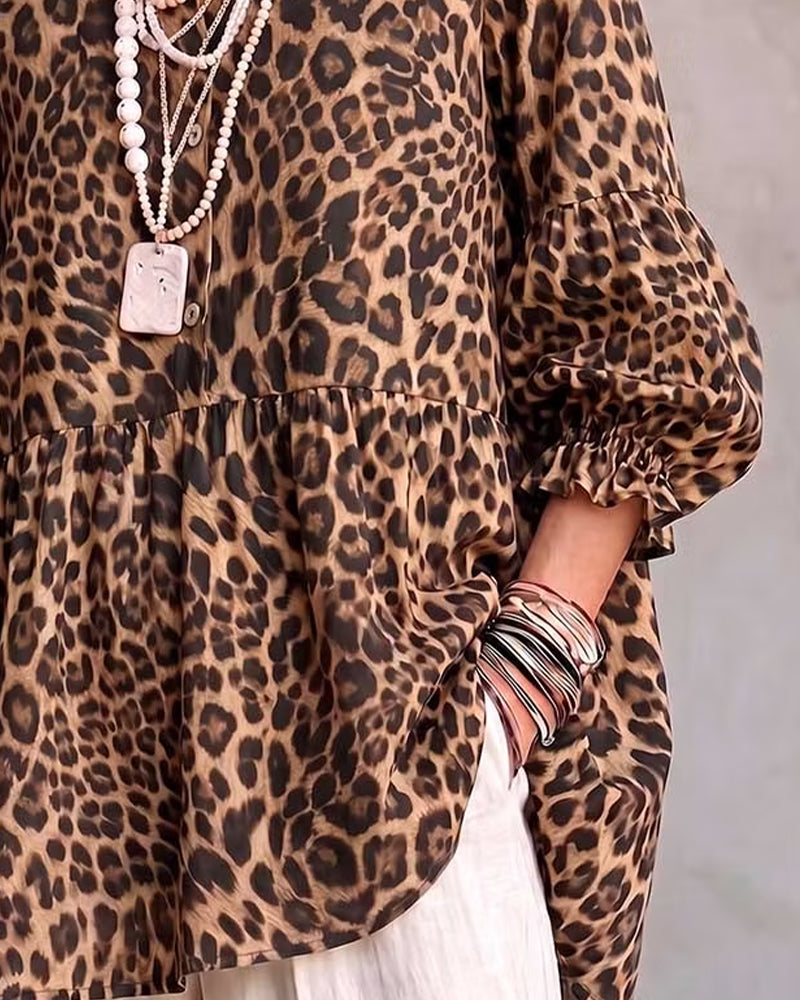 Leopard Print Frill Trim Button Top