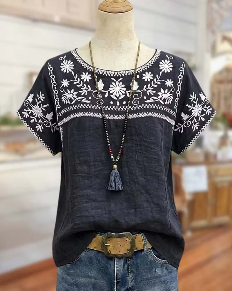 Daisy Vine Crew Neck Loose Casual Blouse