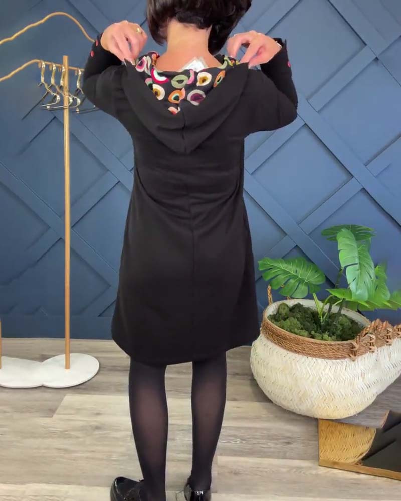 Circle print zip-up hooded casual dress