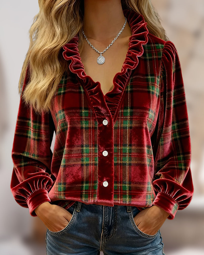 Ruffled V-Neck Velvet Top