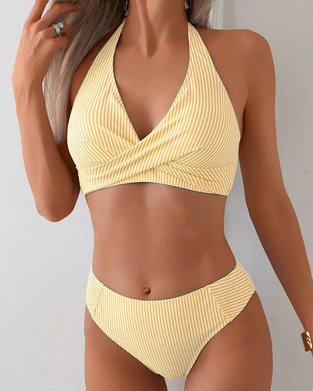 V-Neck Two-Piece Striped Swimsuit