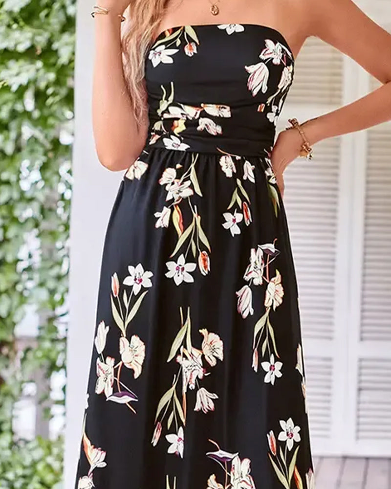 Floral Strapless Waist A-Line Dress