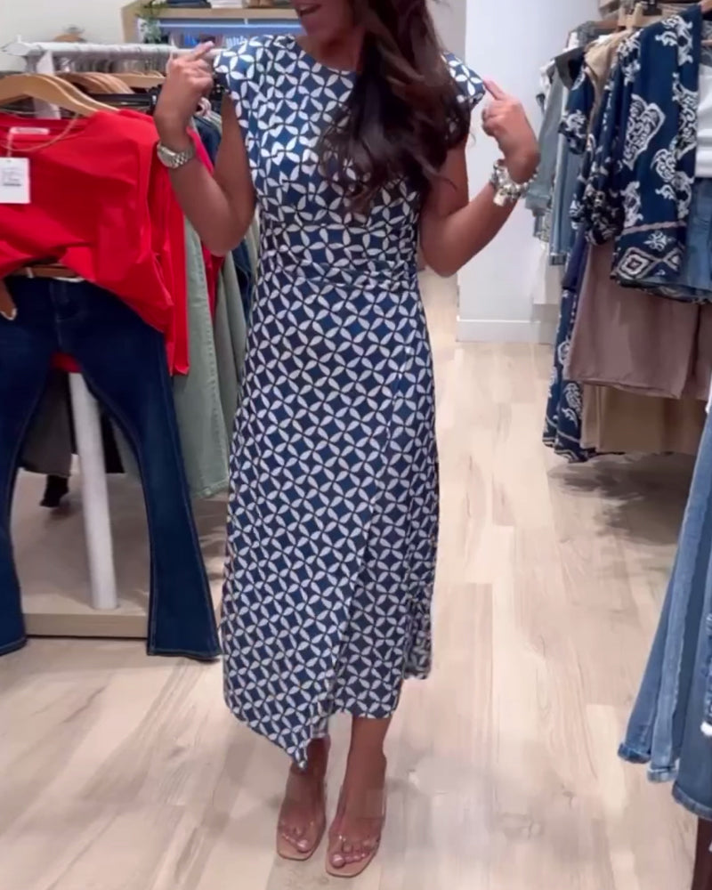 Geometric print round neck sleeveless elegant dress