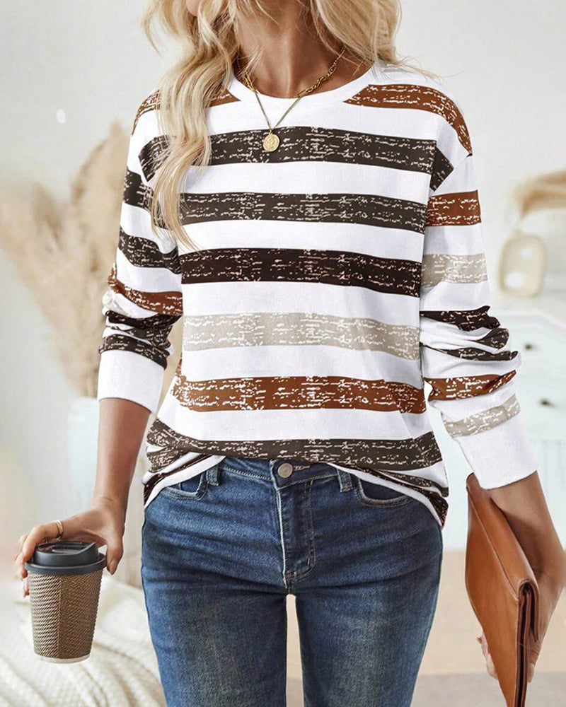 Crew Neck Long Sleeve Striped Casual Top