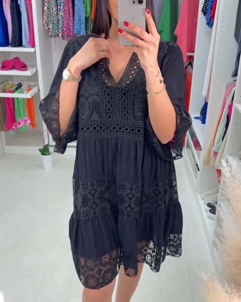 Solid color lace elegant V-neck dress