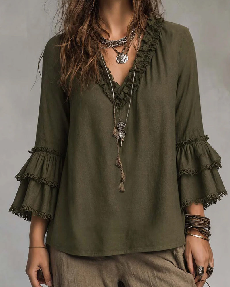V-Neck Two-Tier Sleeve Ruffle Blouse