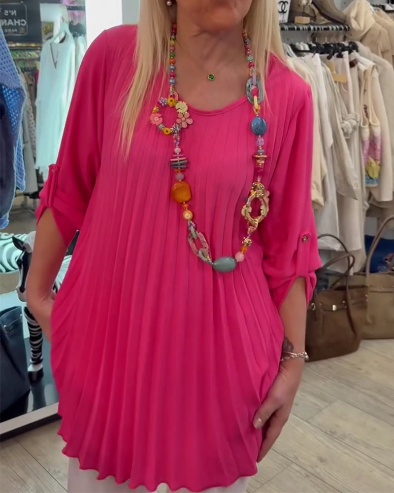 Crew Neck Pleated Blouse