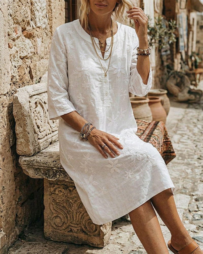 Crewneck Button Embroidery Loose Dresses