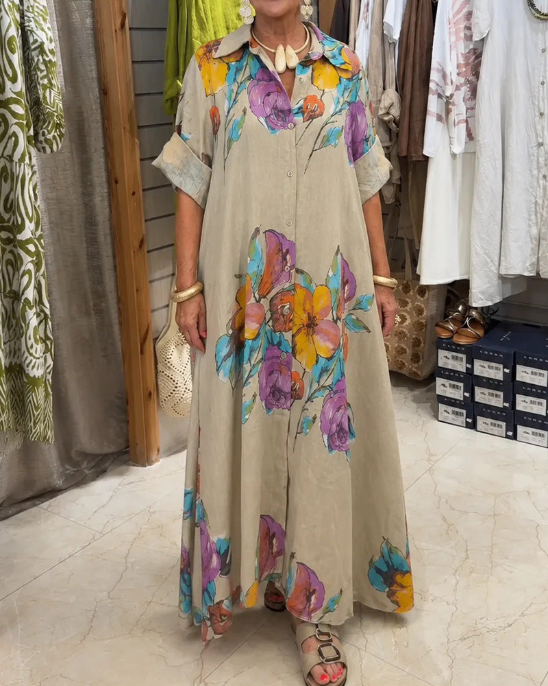 Watercolor Big Floral Print Lapel Long Dress