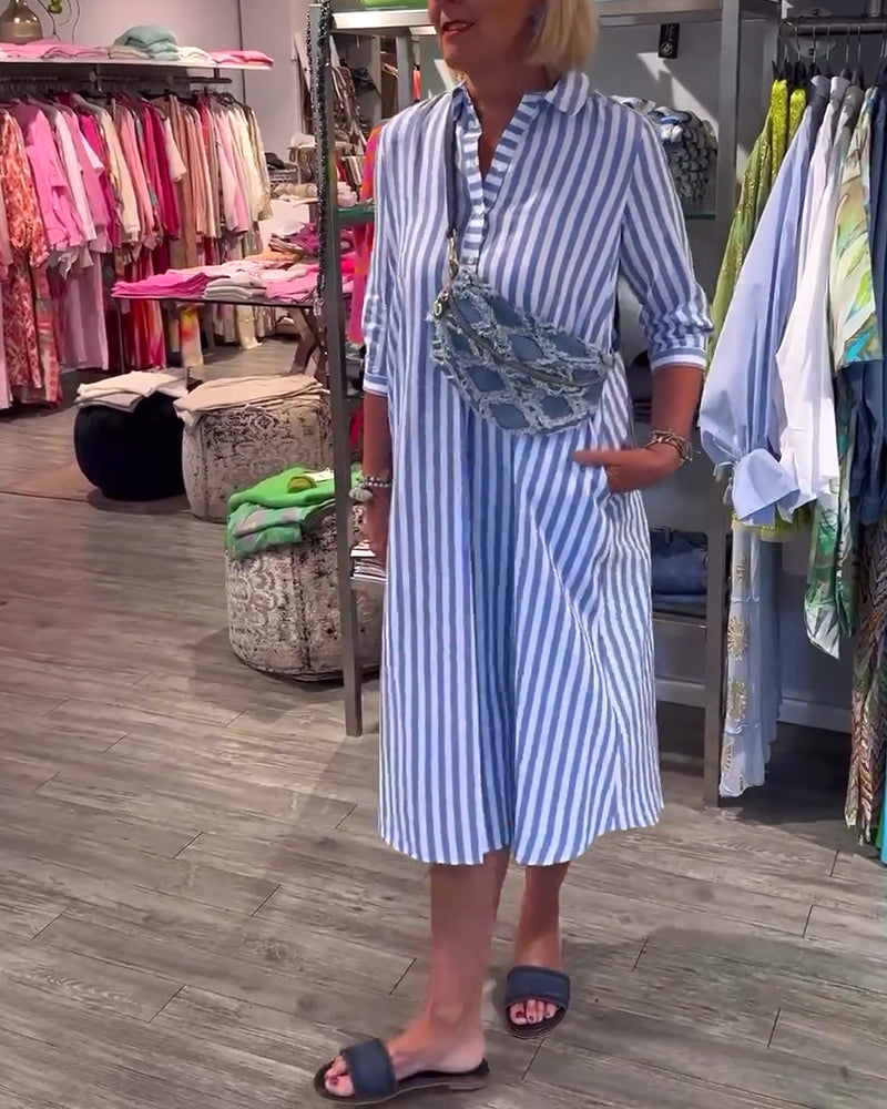 Stripe print lapel button dress