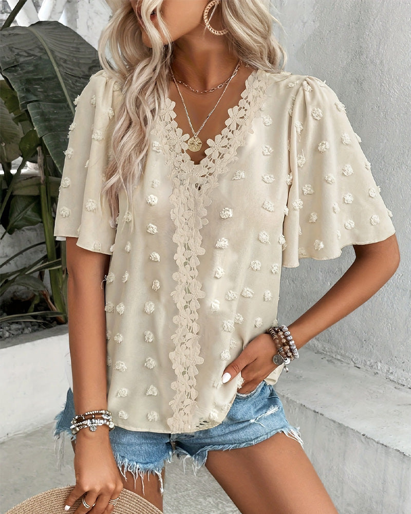 Spliced Jacquard Ruffle Sleeve Blouse