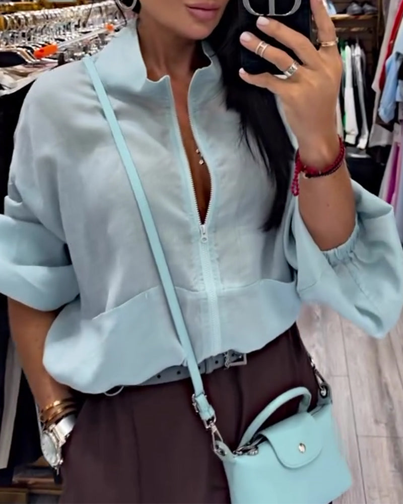 Solid Color High Collar Zipper Coat
