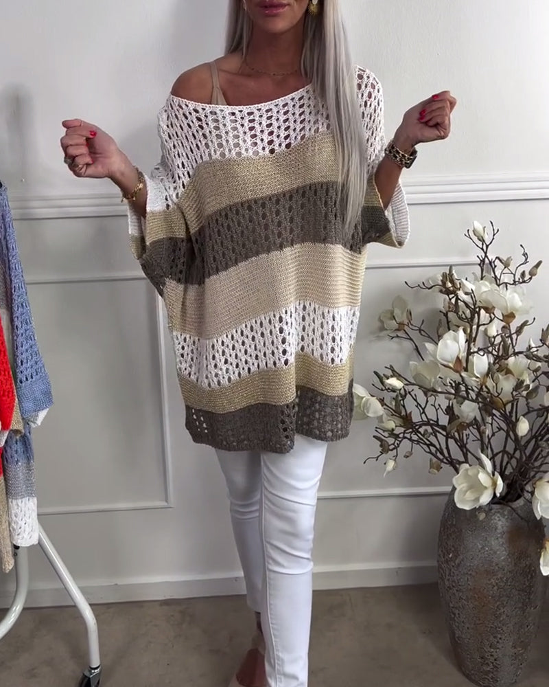 Casual color block hollow long sleeve pullover