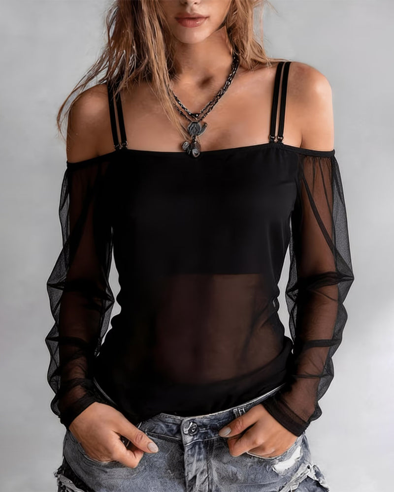 Spaghetti Strap Off-Shoulder Sheer T-Shirt