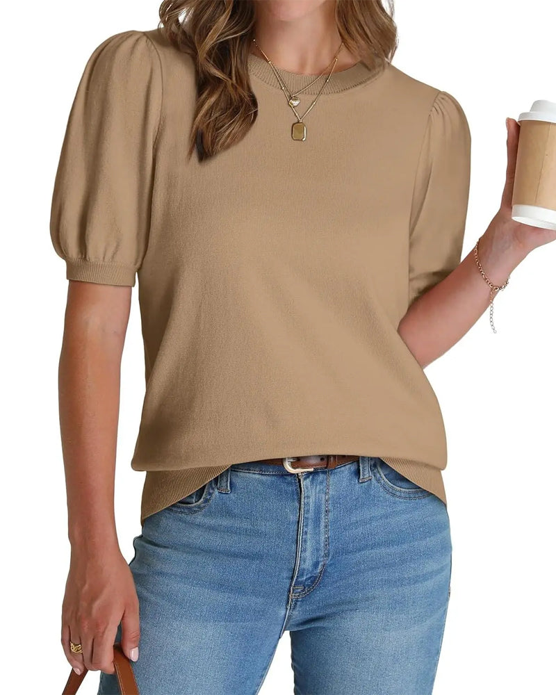 Puff Sleeve Knitted Short-Sleeve Pullover