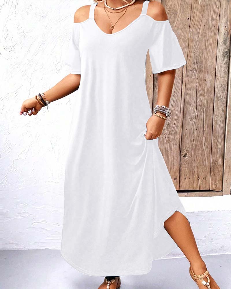 Solid V-Neck Off-Shoulder Long Dress