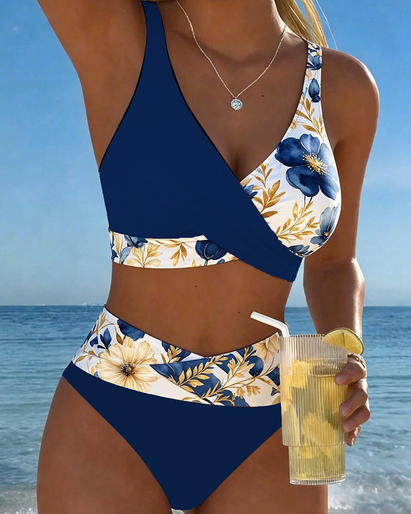 Floral Color Block Patchwork Bikini