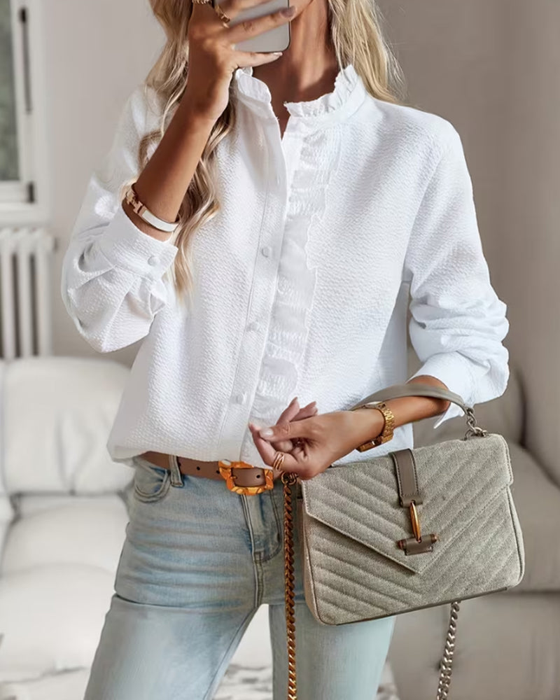 Elegant Ruffled Solid Color Stand Collar Women's Blouse