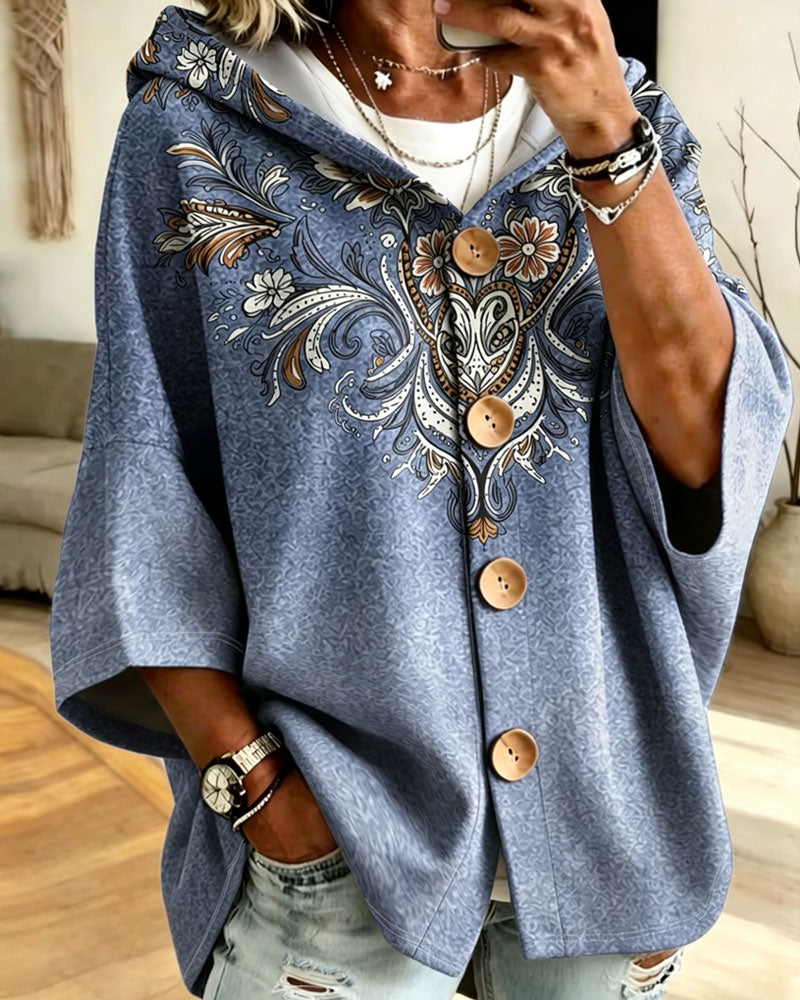 Cape Style Hooded Print Coat