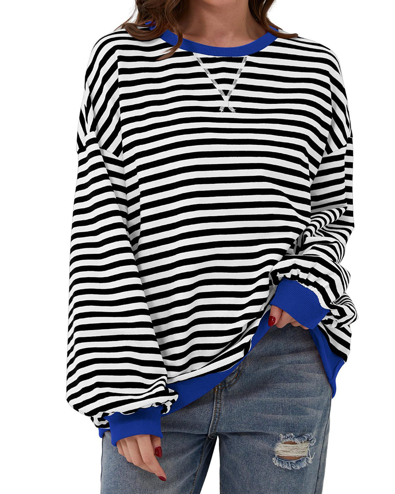 Striped Round Neck Color Block T-Shirt