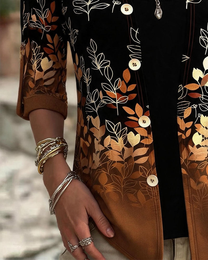 Gradient Autumn Leaf Print Mock Two-Piece Top