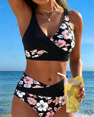 Crisscross Ribbed Floral Bikini