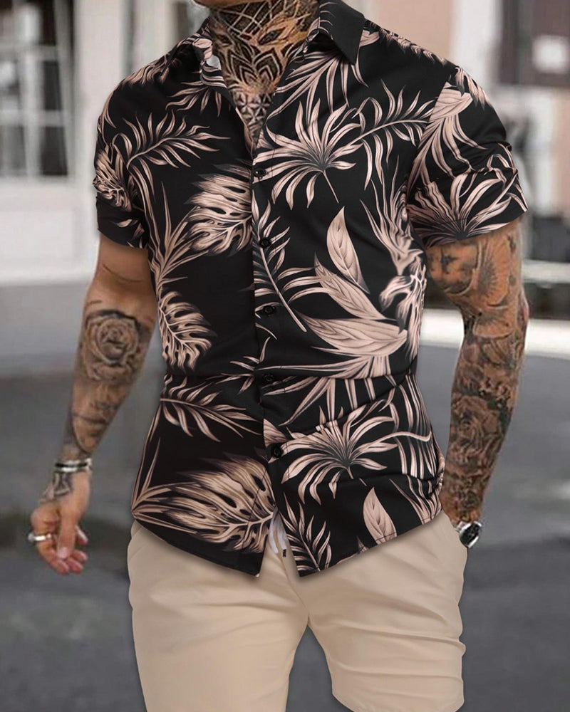 Lapel Palm Leaf Print Short-Sleeve Sets