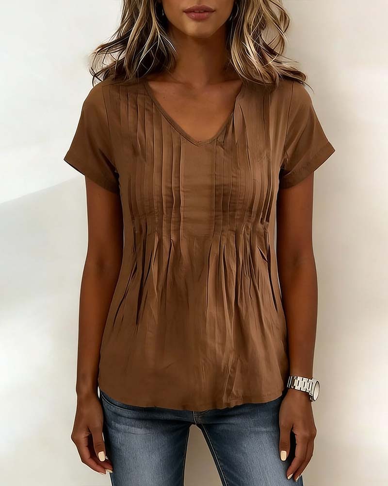 V-Neck Pleated Short-Sleeved Blouse