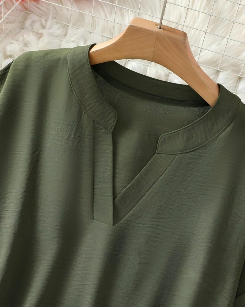 V Neck Irregular Solid Color Long Sleeve Blouse