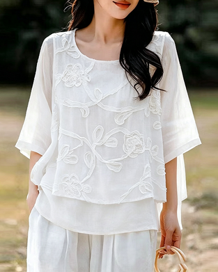 Solid Color Round Neck Blouse