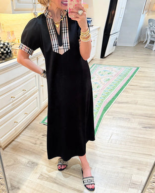 Puff Sleeve Plaid Contrast Dress