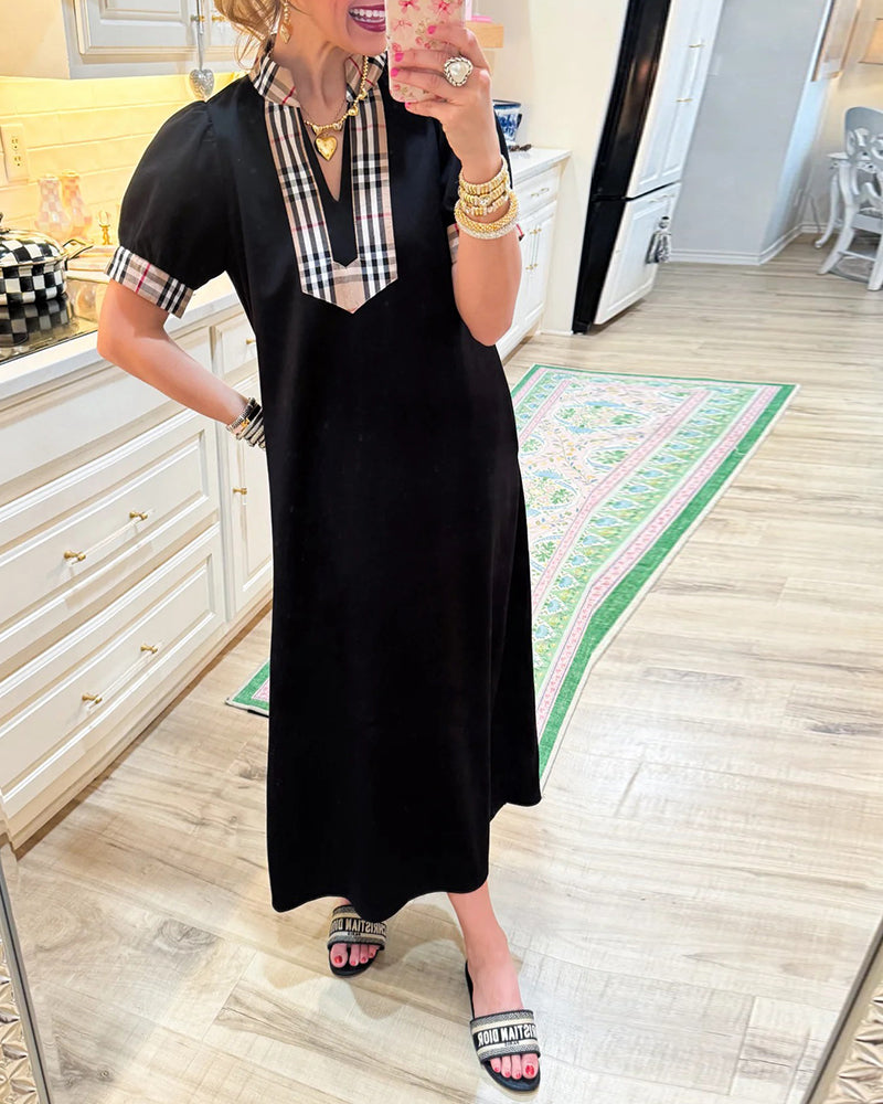 Puff Sleeve Plaid Contrast Dress