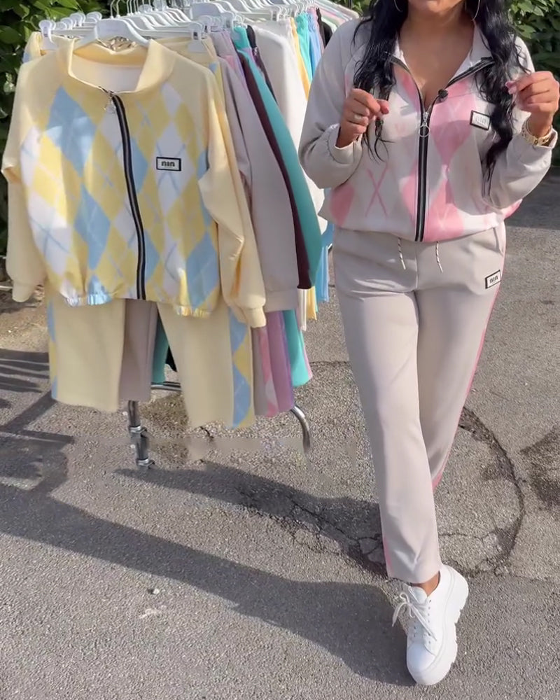 Plaid Zip-Up Top And Trousers Two-Piece Set