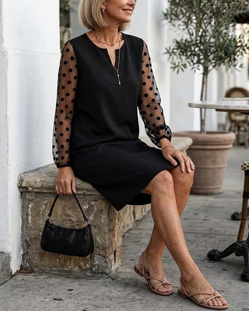 Polka Dot Mesh Shift Knee-Length Dress