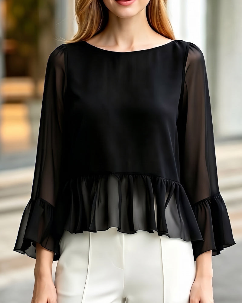 Boat Neck See-Through Ruffle Top