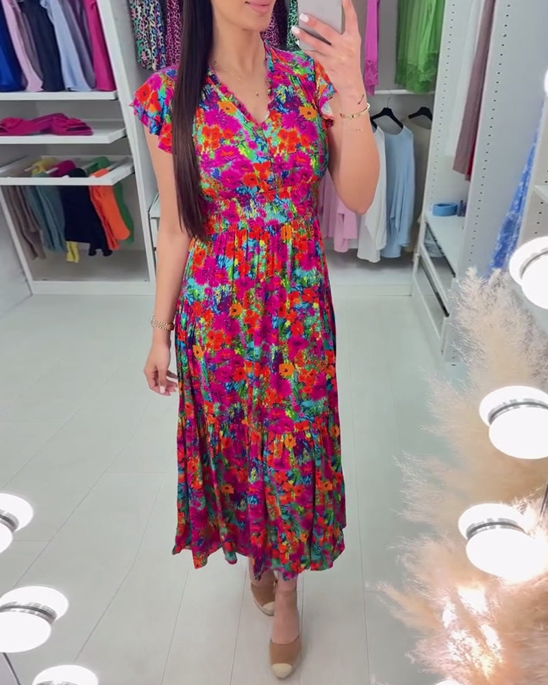 Colorful floral print V-neck elegant dress