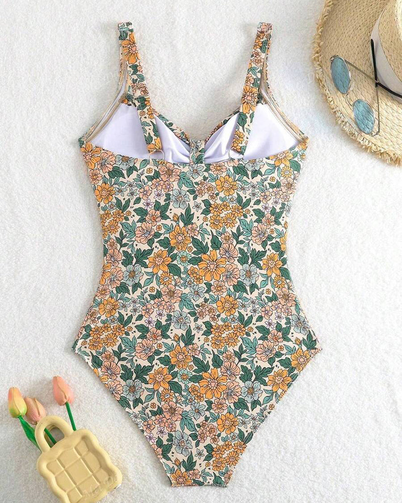One-Piece Floral Print Triangle Swimsuit