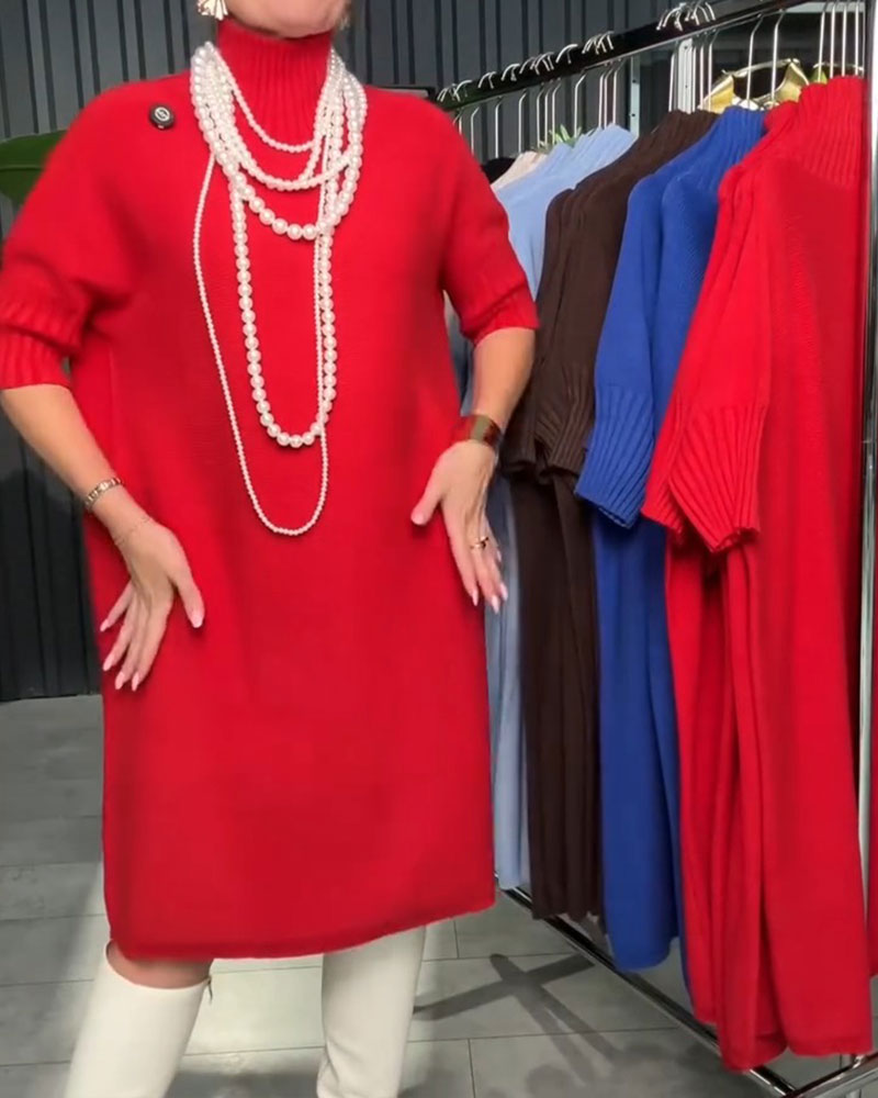High-Neck Mid-Sleeve Straight Knit Dress