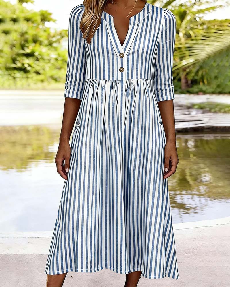 Blue And White Striped Three-Quarter Sleeve Dress