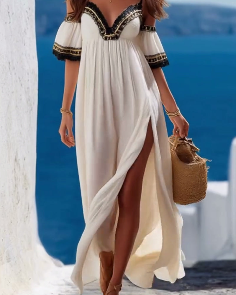 Heavily Embellished Embroidered Off-Shoulder Slit Vacation Dress